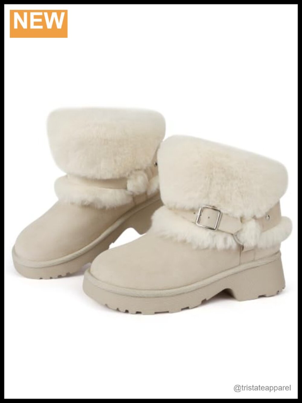 Furry Winter Boots for Women Block Heels Platform Buckle Slip On